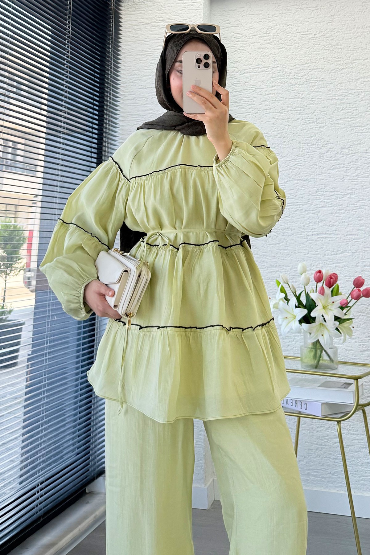 Premium Katlı Büzgü Detaylı Tül Modal Pantolon Takım - Çağla Yeşili