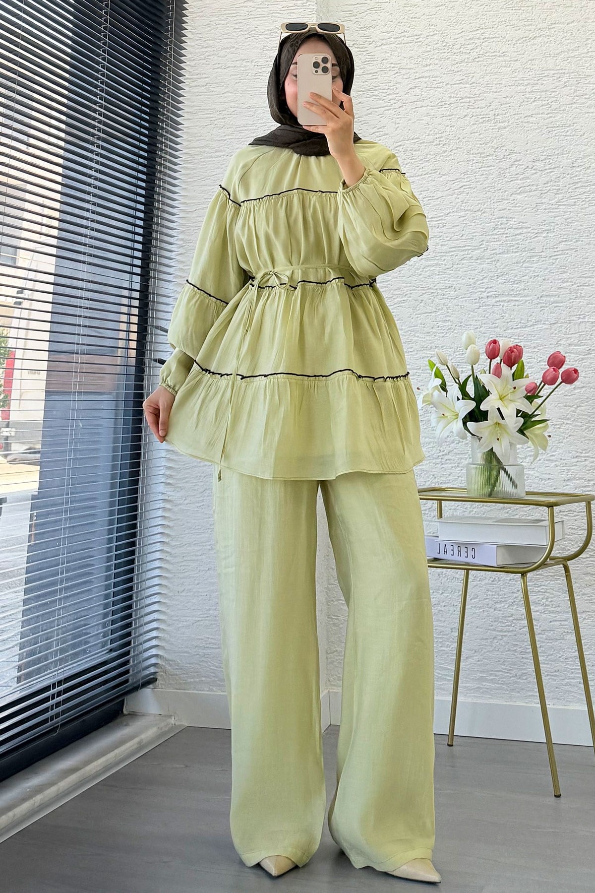 Premium Katlı Büzgü Detaylı Tül Modal Pantolon Takım - Çağla Yeşili