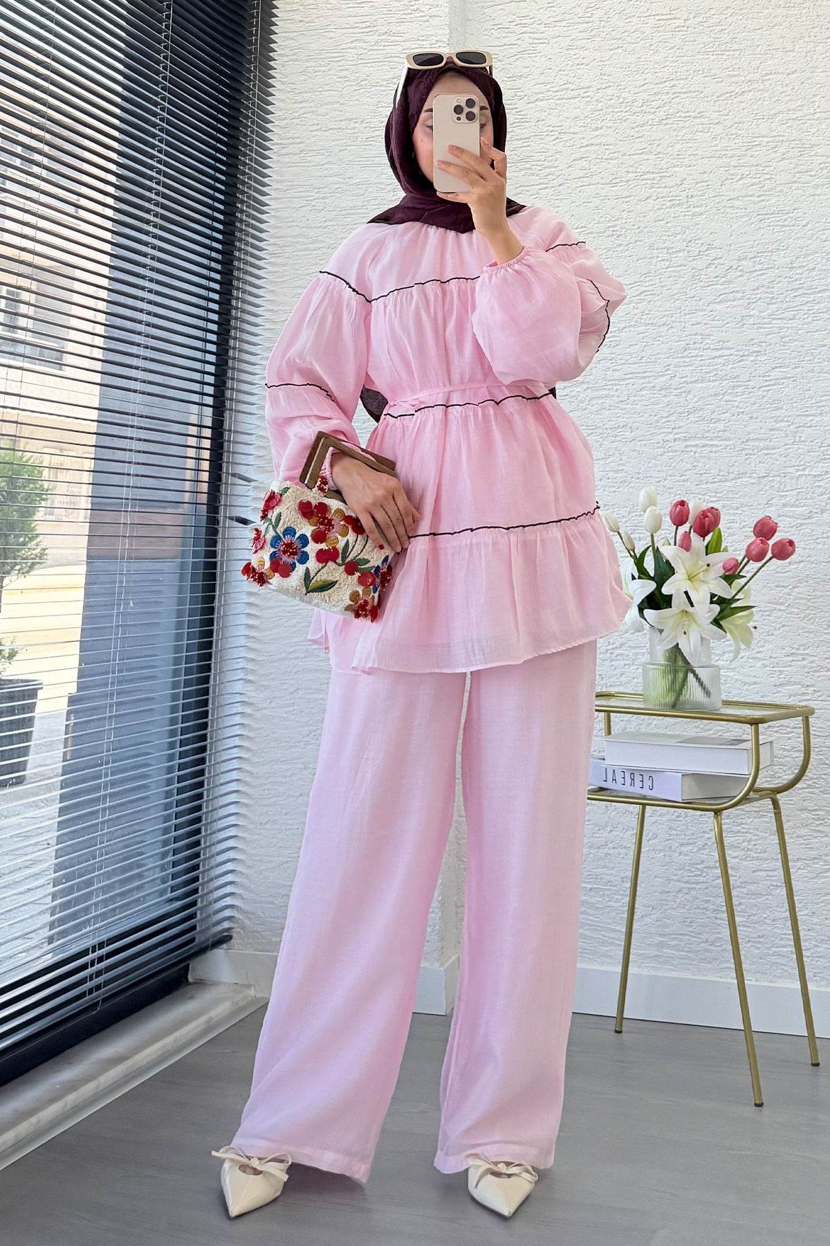 Premium Katlı Büzgü Detaylı Tül Modal Pantolon Takım - Pembe