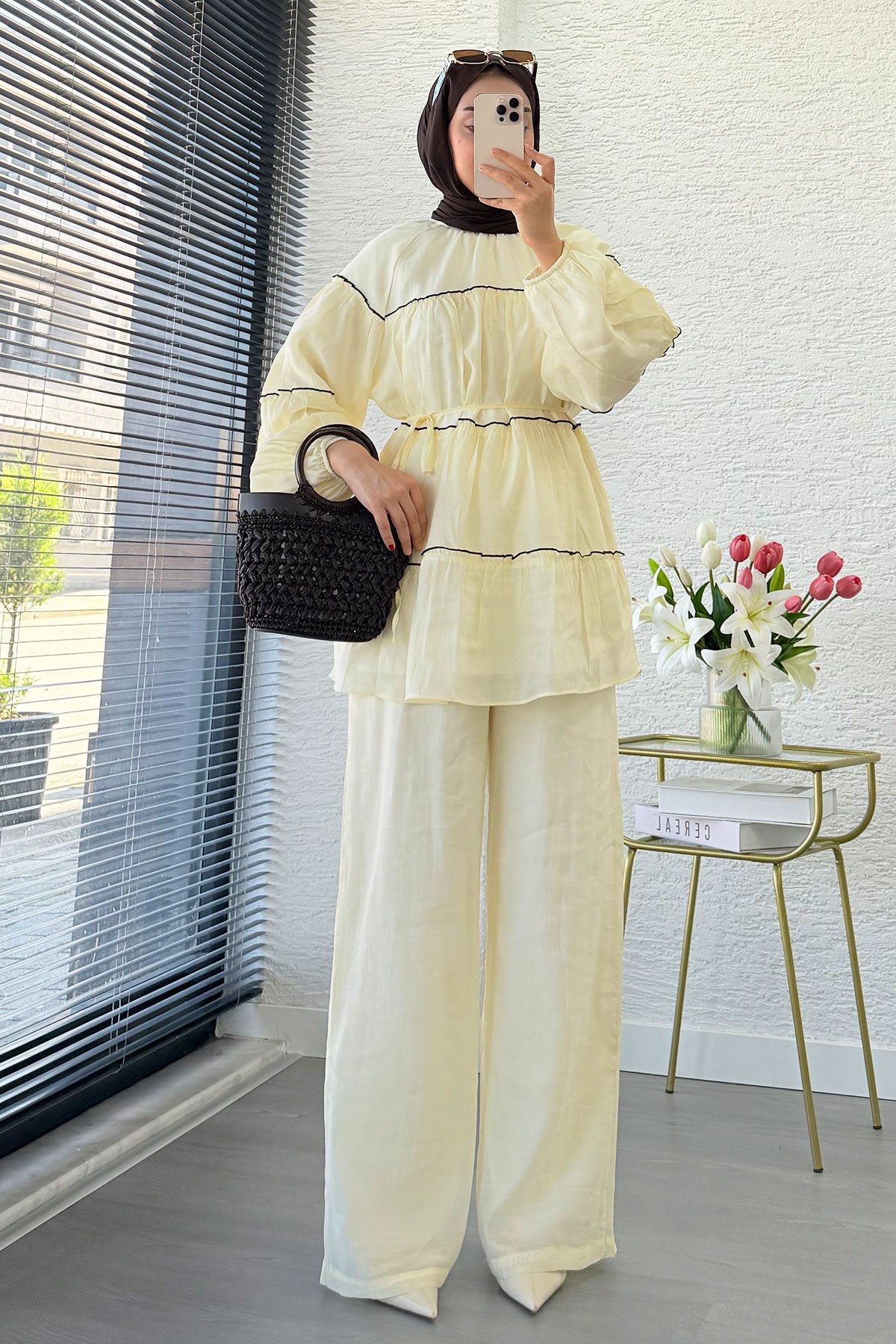 Premium Katlı Büzgü Detaylı Tül Modal Pantolon Takım - Sarı