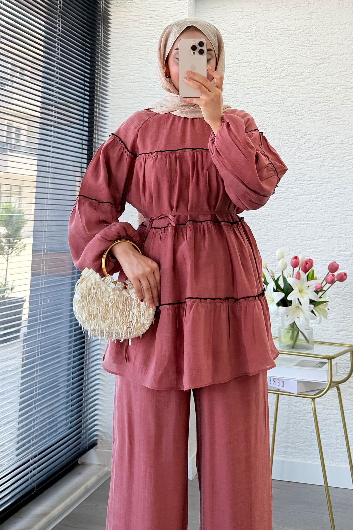 Premium Katlı Büzgü Detaylı Tül Modal Pantolon Takım - Gül Kurusu