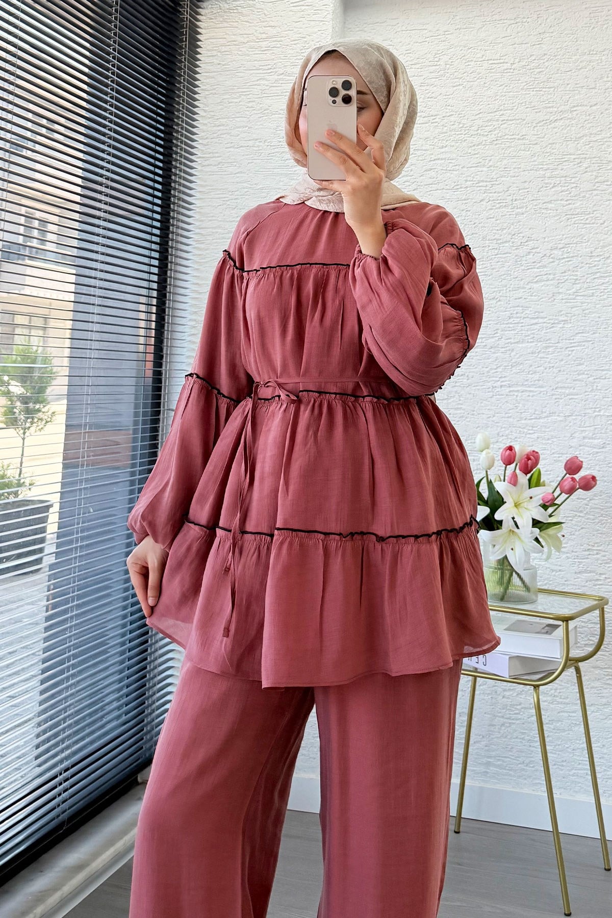 Premium Katlı Büzgü Detaylı Tül Modal Pantolon Takım - Gül Kurusu