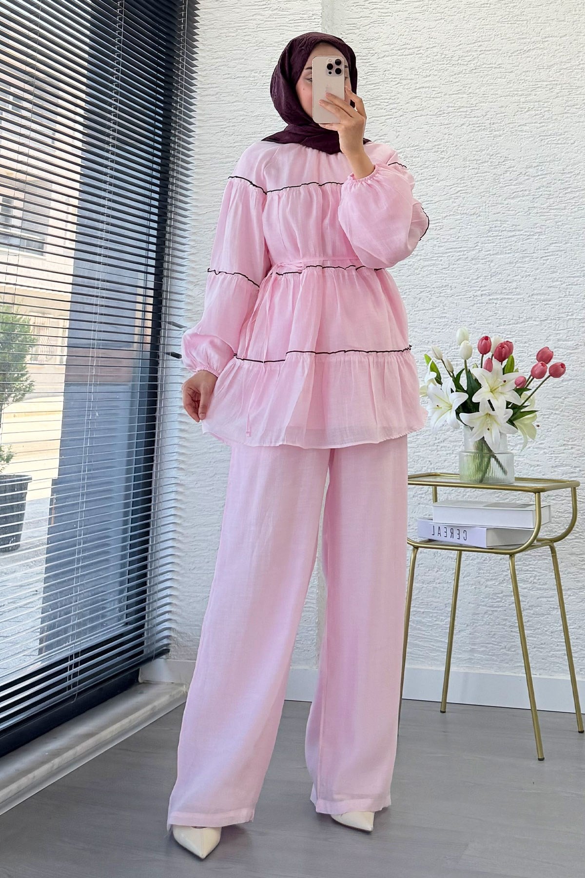 Premium Katlı Büzgü Detaylı Tül Modal Pantolon Takım - Pembe