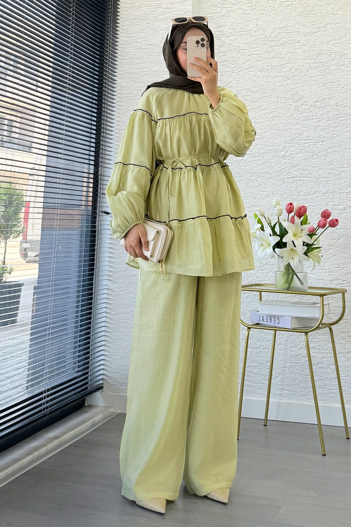 Premium Katlı Büzgü Detaylı Tül Modal Pantolon Takım - Çağla Yeşili