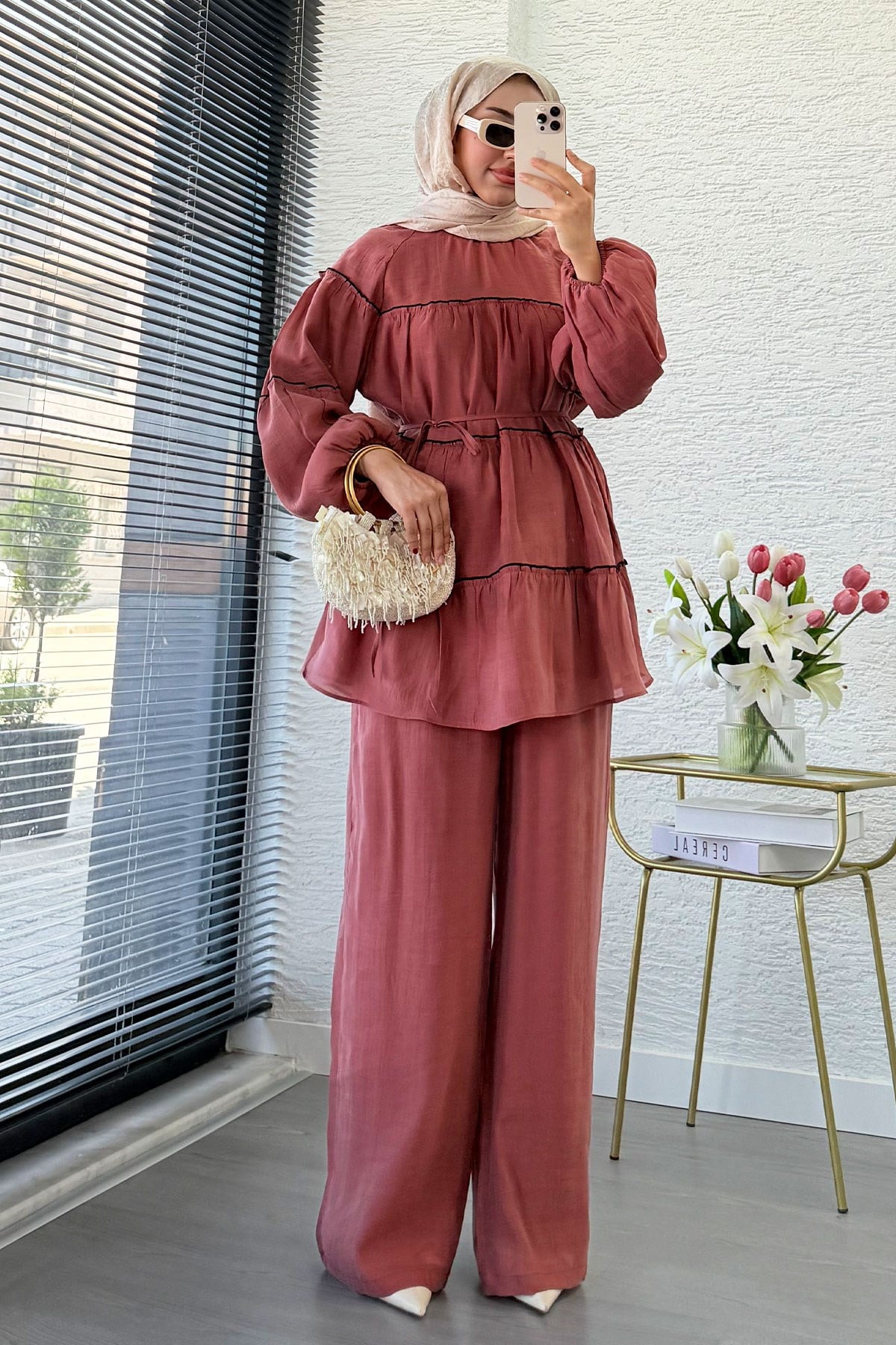 Premium Katlı Büzgü Detaylı Tül Modal Pantolon Takım - Gül Kurusu