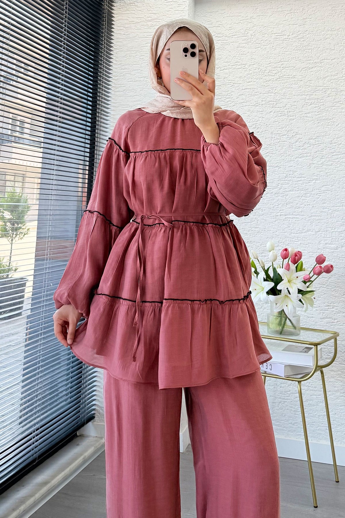 Premium Katlı Büzgü Detaylı Tül Modal Pantolon Takım - Gül Kurusu
