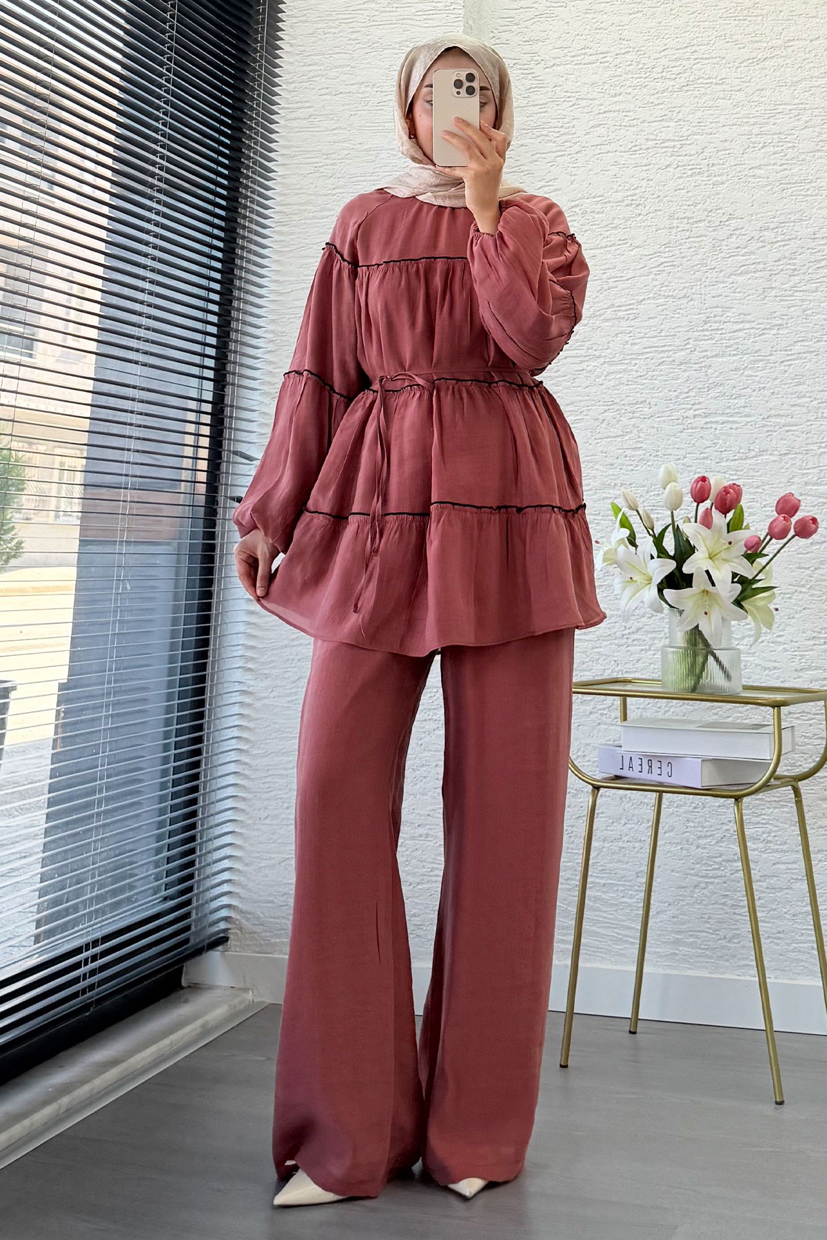 Premium Katlı Büzgü Detaylı Tül Modal Pantolon Takım - Gül Kurusu
