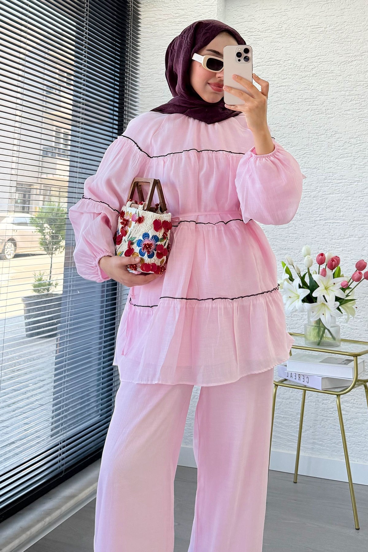 Premium Katlı Büzgü Detaylı Tül Modal Pantolon Takım - Pembe