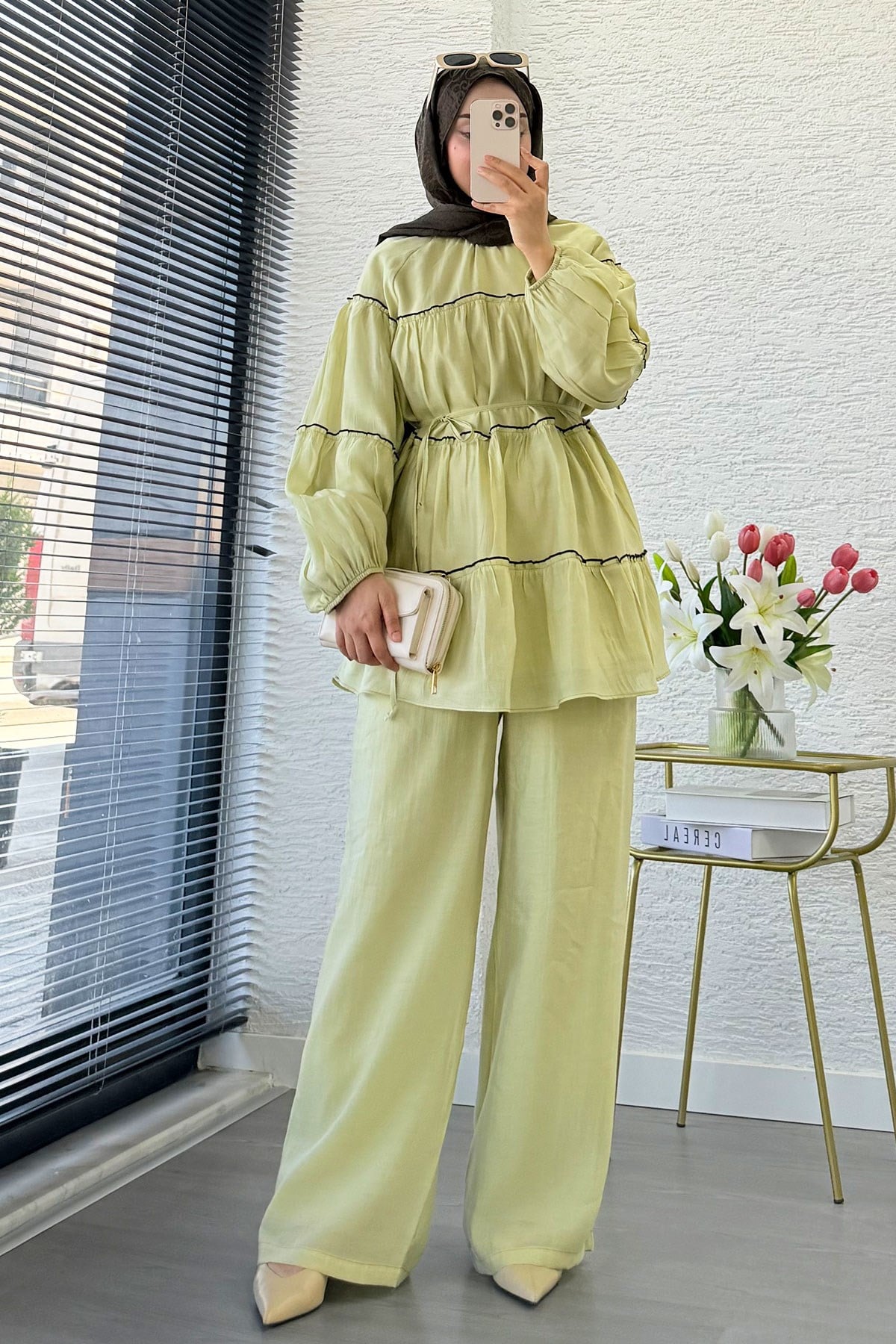 Premium Katlı Büzgü Detaylı Tül Modal Pantolon Takım - Çağla Yeşili