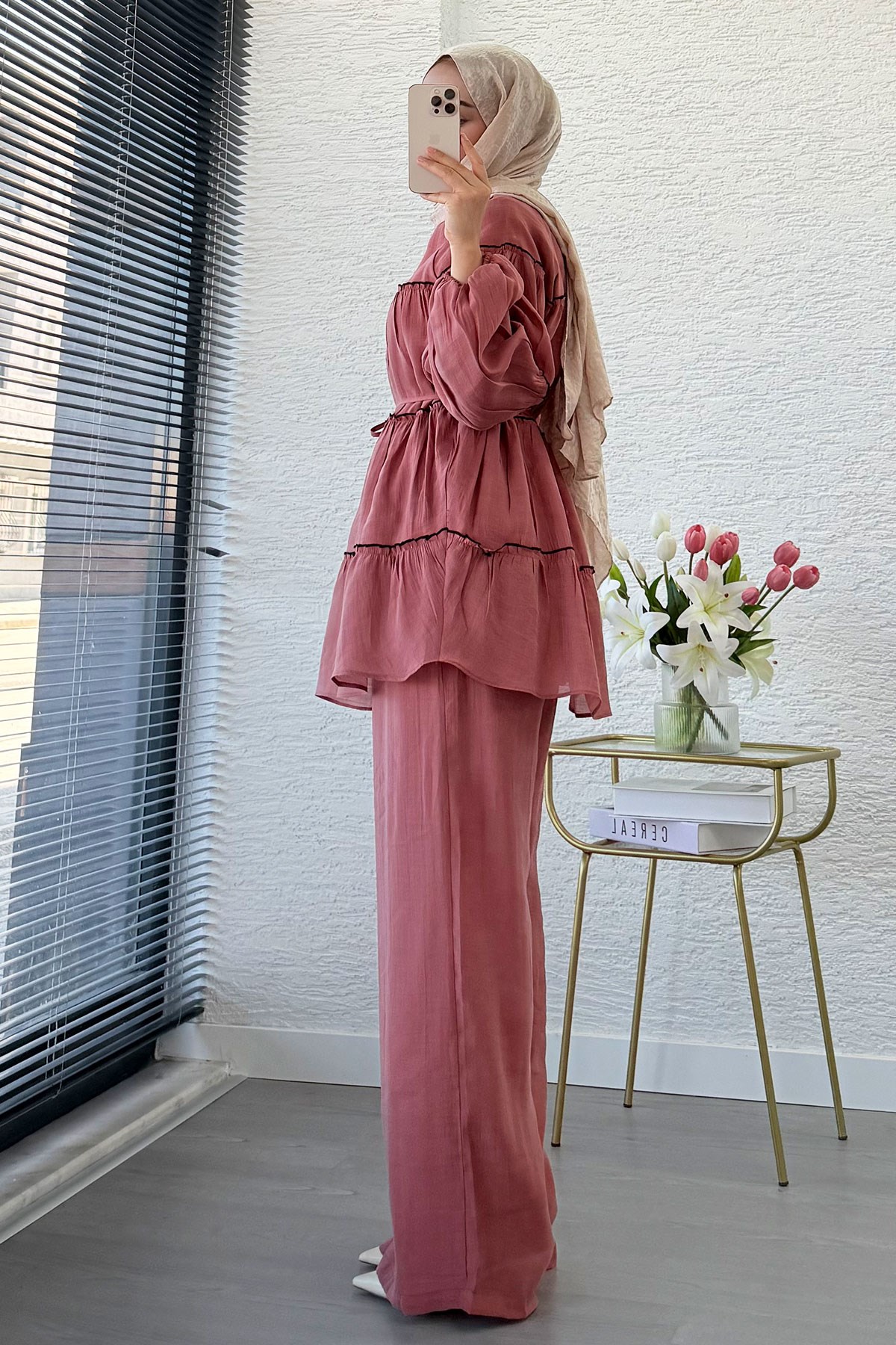 Premium Katlı Büzgü Detaylı Tül Modal Pantolon Takım - Gül Kurusu