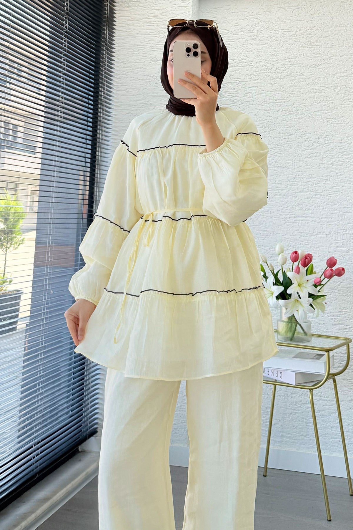 Premium Katlı Büzgü Detaylı Tül Modal Pantolon Takım - Sarı