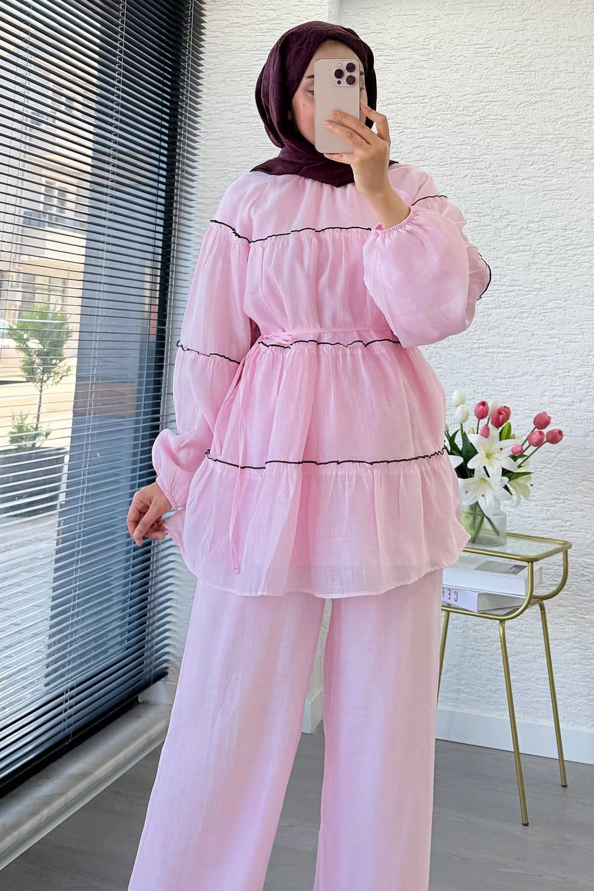 Premium Katlı Büzgü Detaylı Tül Modal Pantolon Takım - Pembe