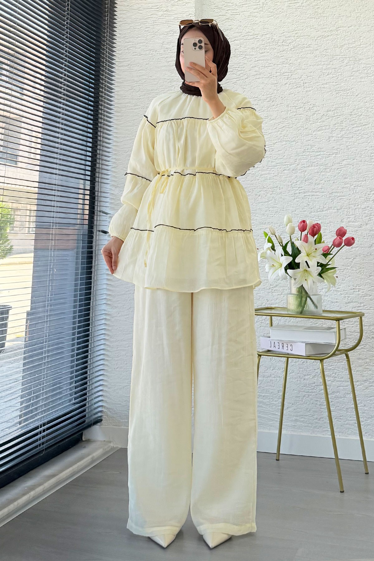 Premium Katlı Büzgü Detaylı Tül Modal Pantolon Takım - Sarı