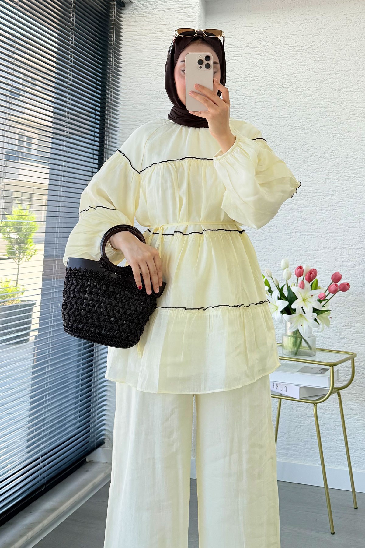 Premium Katlı Büzgü Detaylı Tül Modal Pantolon Takım - Sarı