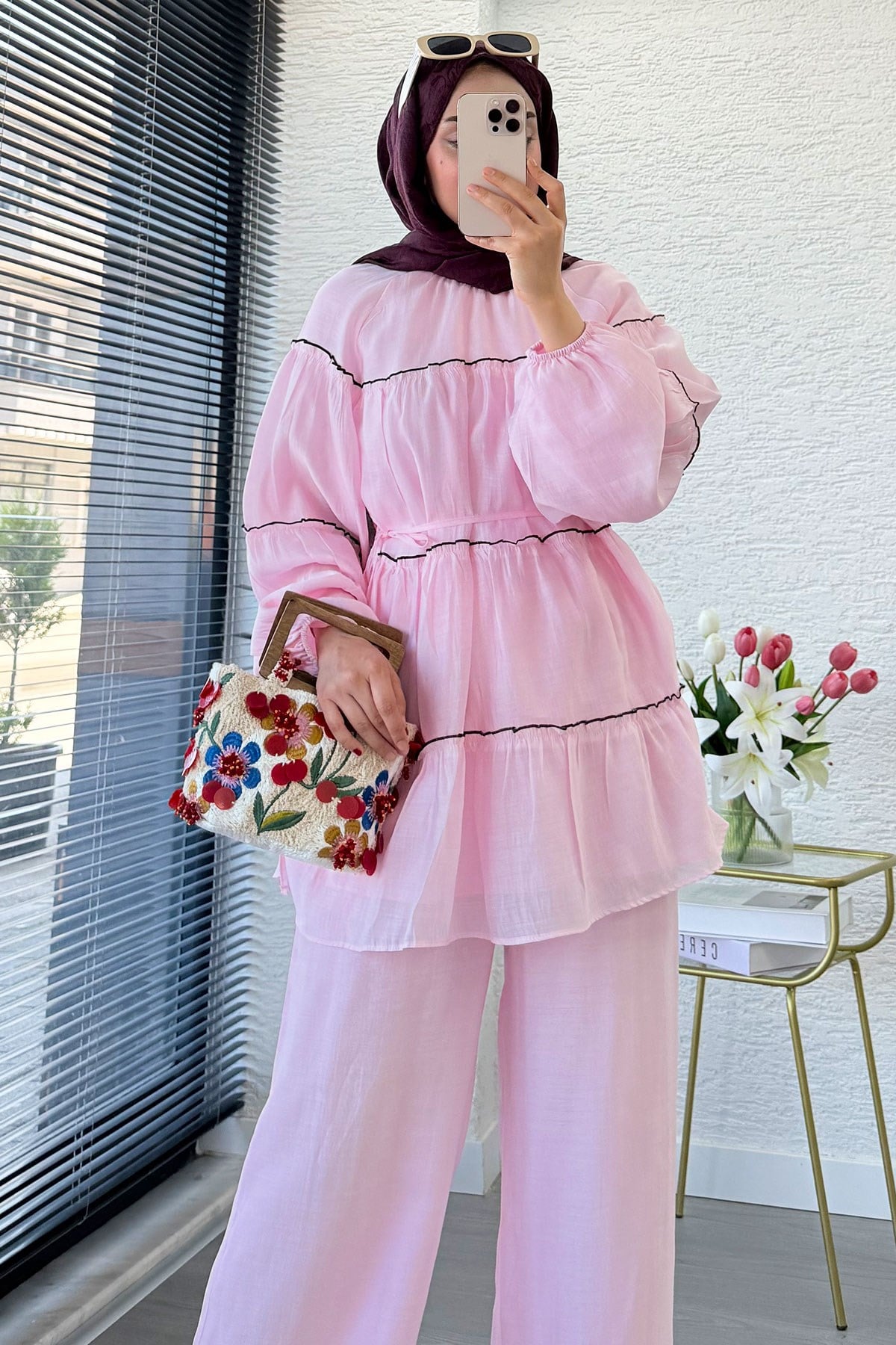 Premium Katlı Büzgü Detaylı Tül Modal Pantolon Takım - Pembe