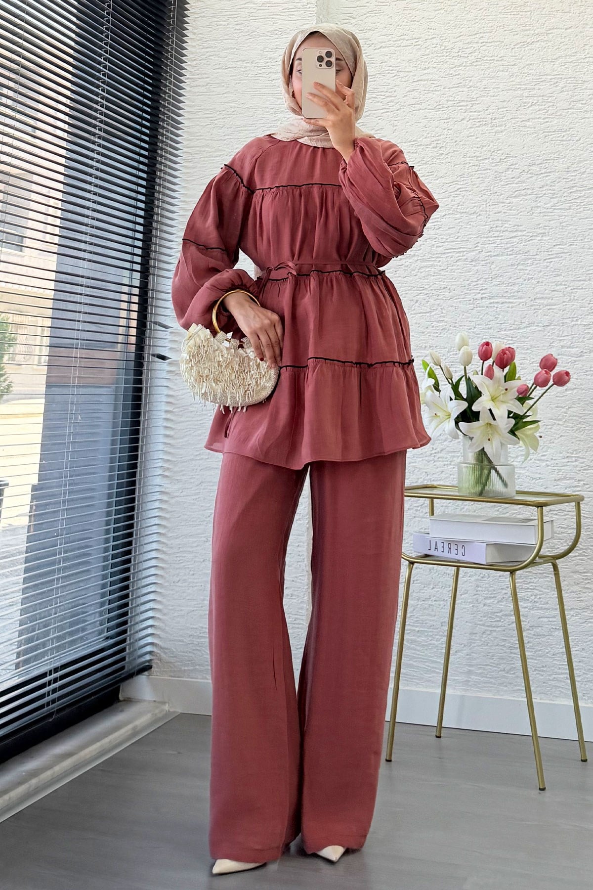 Premium Katlı Büzgü Detaylı Tül Modal Pantolon Takım - Gül Kurusu