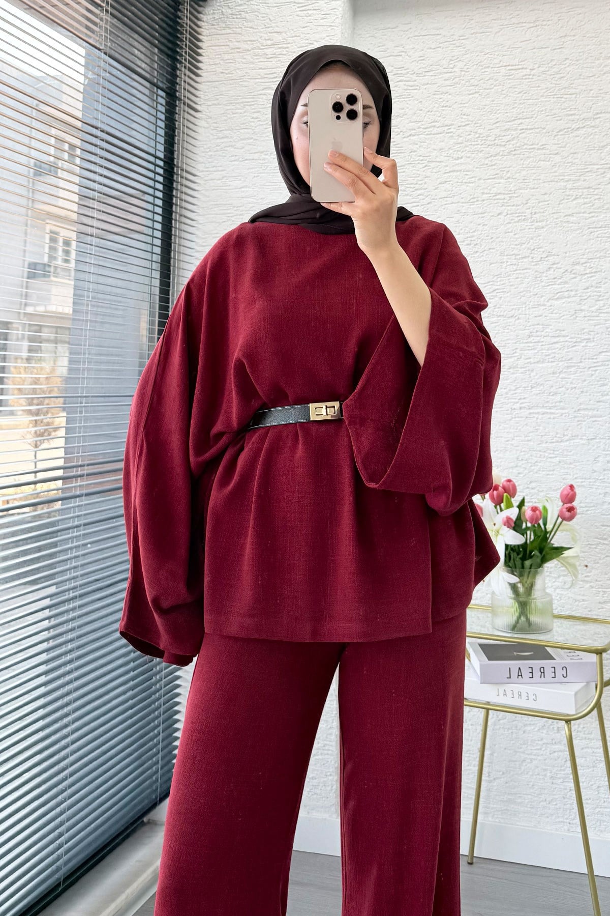 Premium Kayık Yaka İspanyol Paça Keten Pantolon Takım - Bordo
