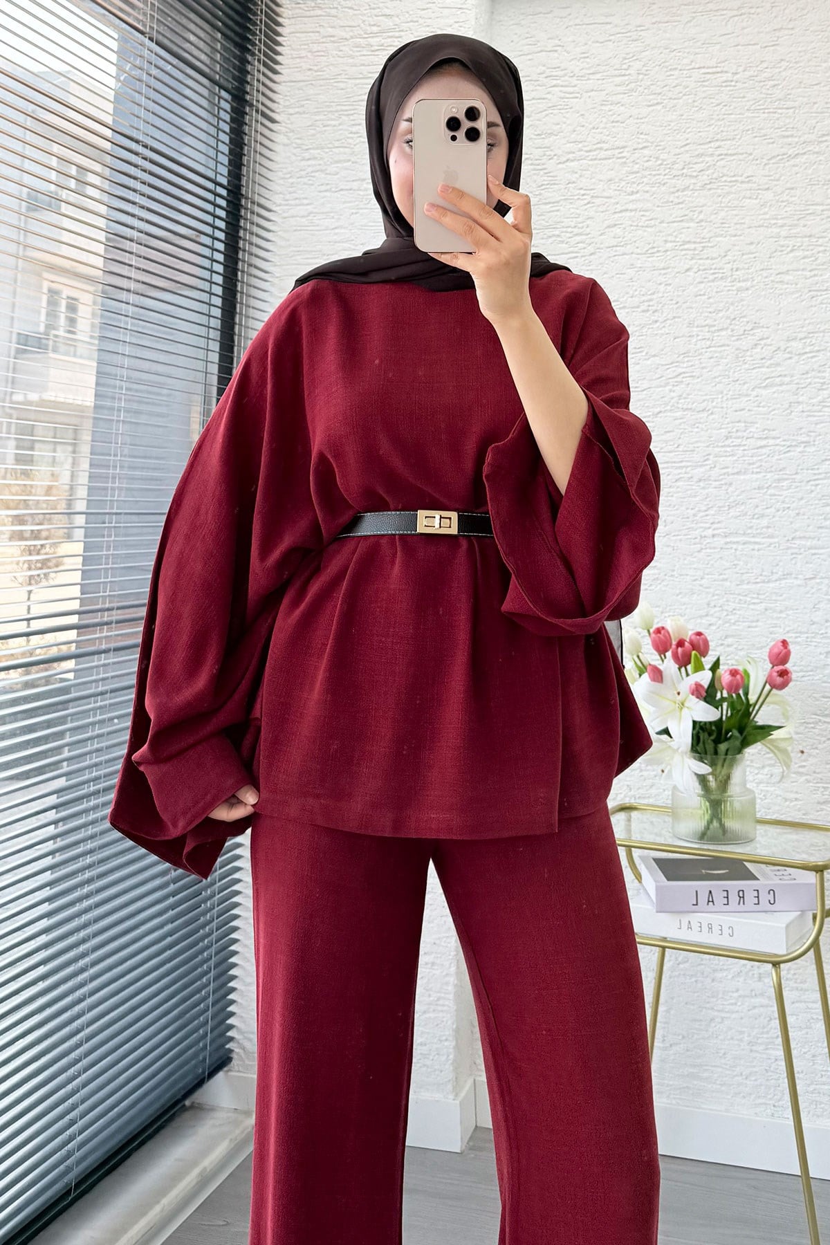 Premium Kayık Yaka İspanyol Paça Keten Pantolon Takım - Bordo