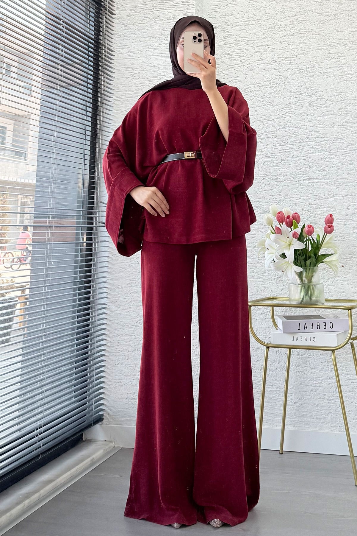 Premium Kayık Yaka İspanyol Paça Keten Pantolon Takım - Bordo