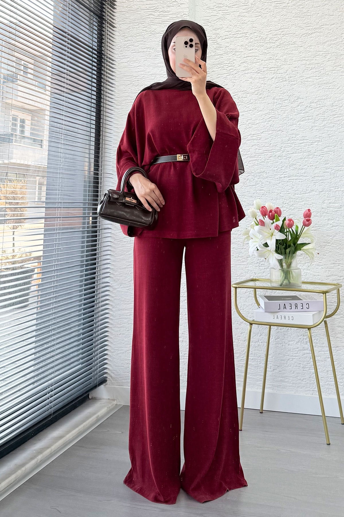 Premium Kayık Yaka İspanyol Paça Keten Pantolon Takım - Bordo