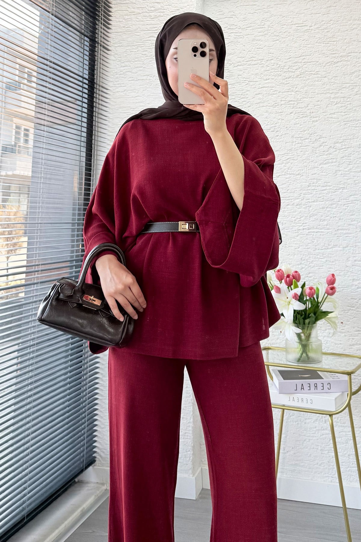 Premium Kayık Yaka İspanyol Paça Keten Pantolon Takım - Bordo