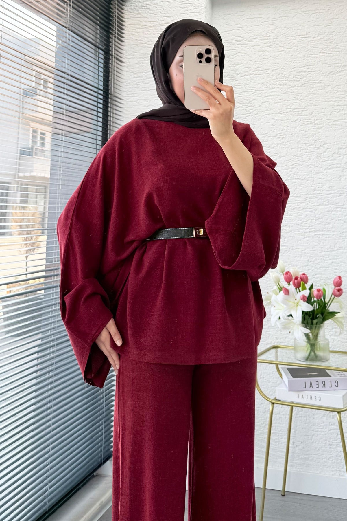 Premium Kayık Yaka İspanyol Paça Keten Pantolon Takım - Bordo