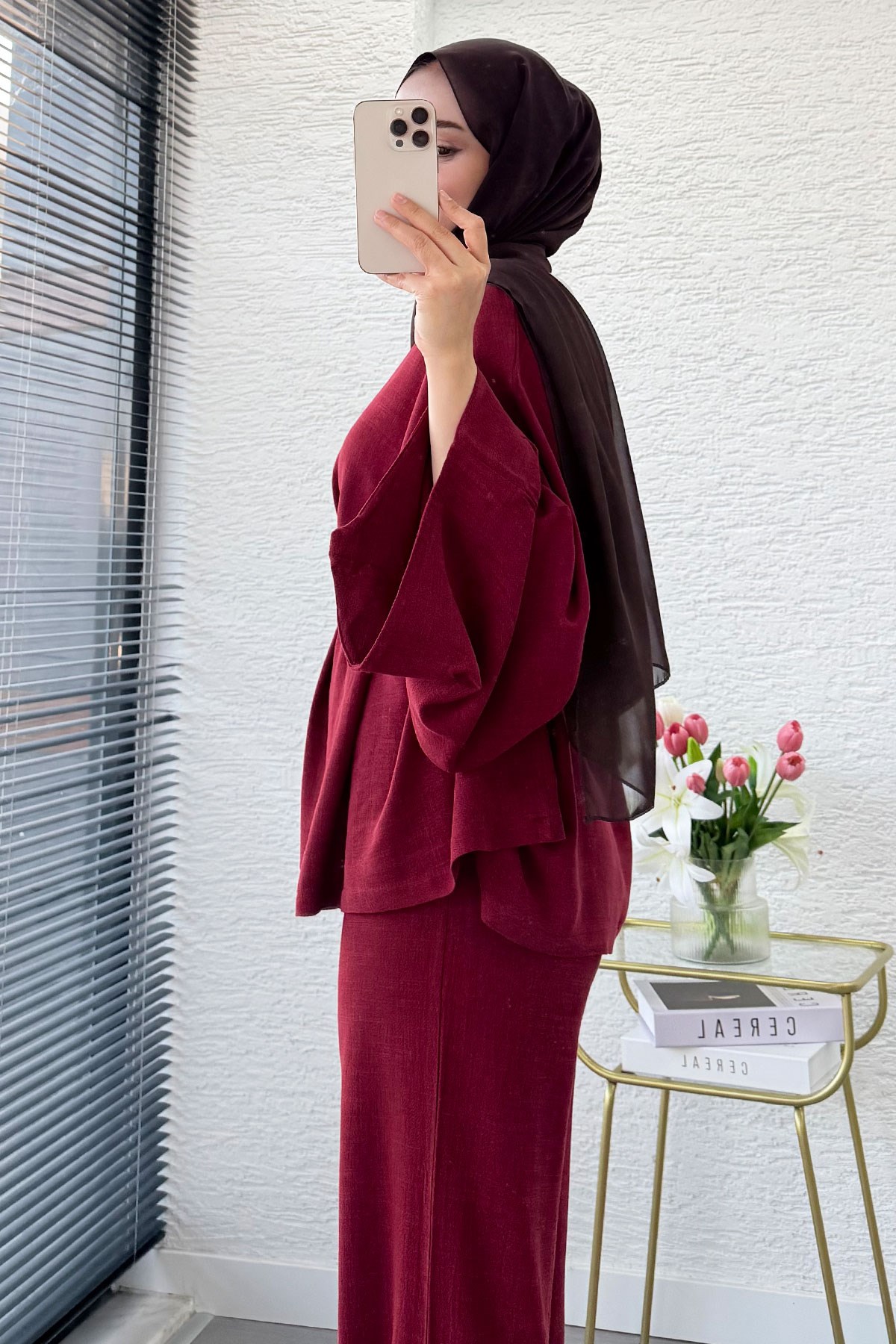 Premium Kayık Yaka İspanyol Paça Keten Pantolon Takım - Bordo