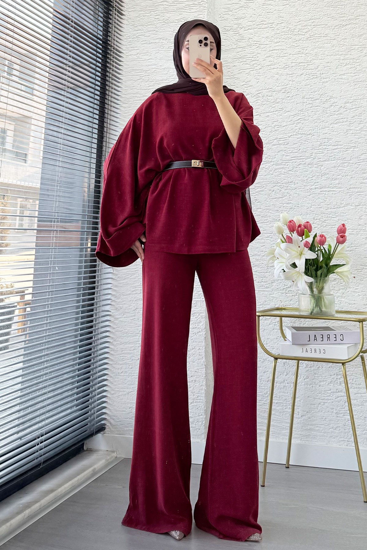 Premium Kayık Yaka İspanyol Paça Keten Pantolon Takım - Bordo