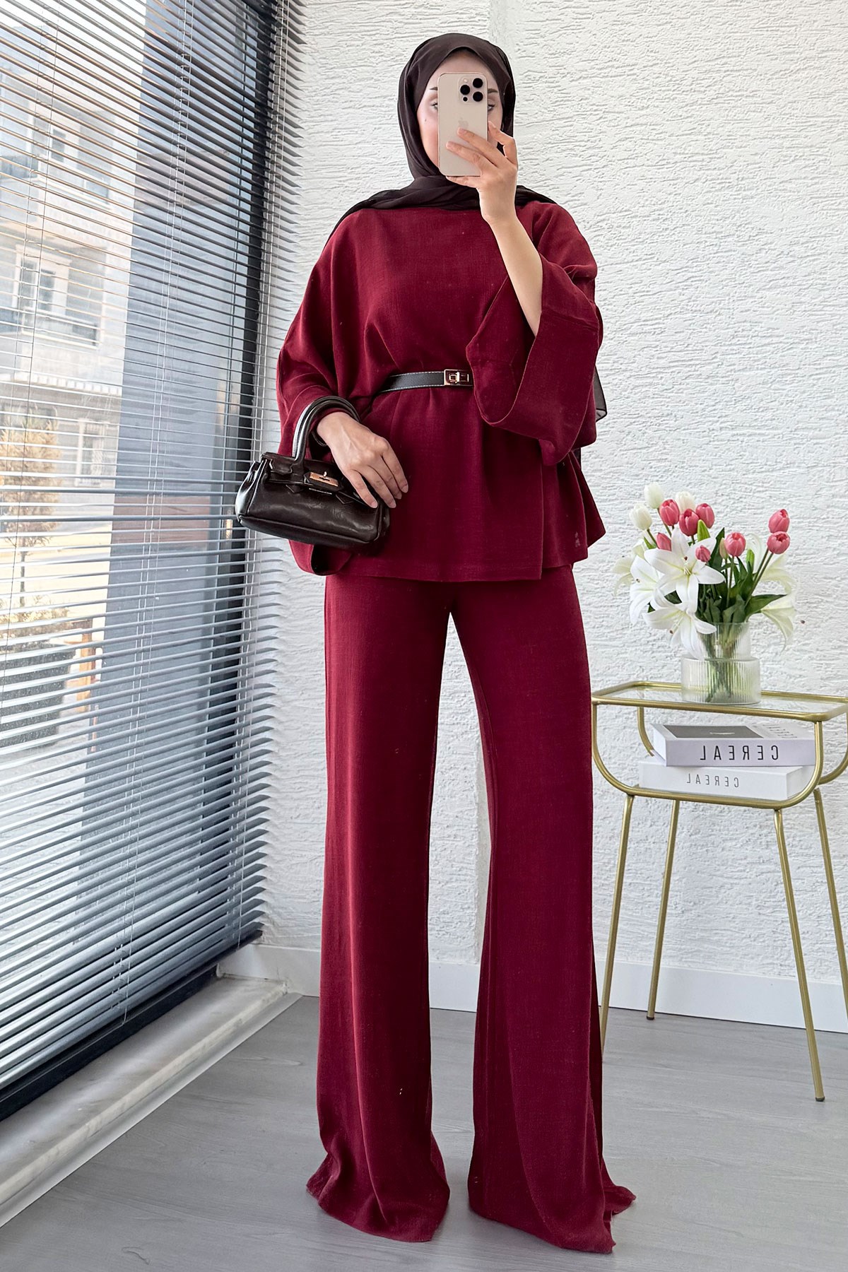 Premium Kayık Yaka İspanyol Paça Keten Pantolon Takım - Bordo