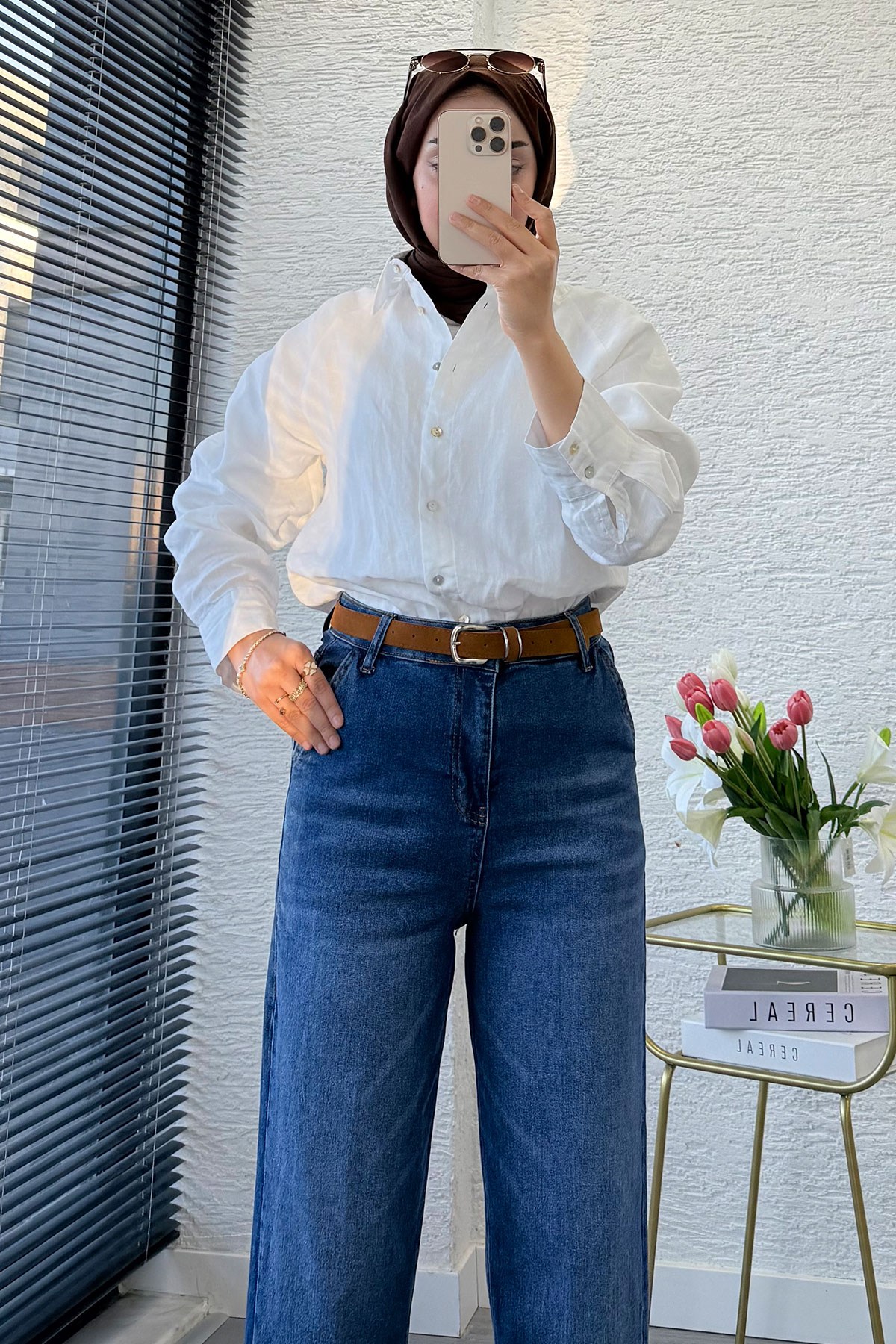 Premium Kemerli Havuç Kesim Mom Jean Pantolon - Mavi