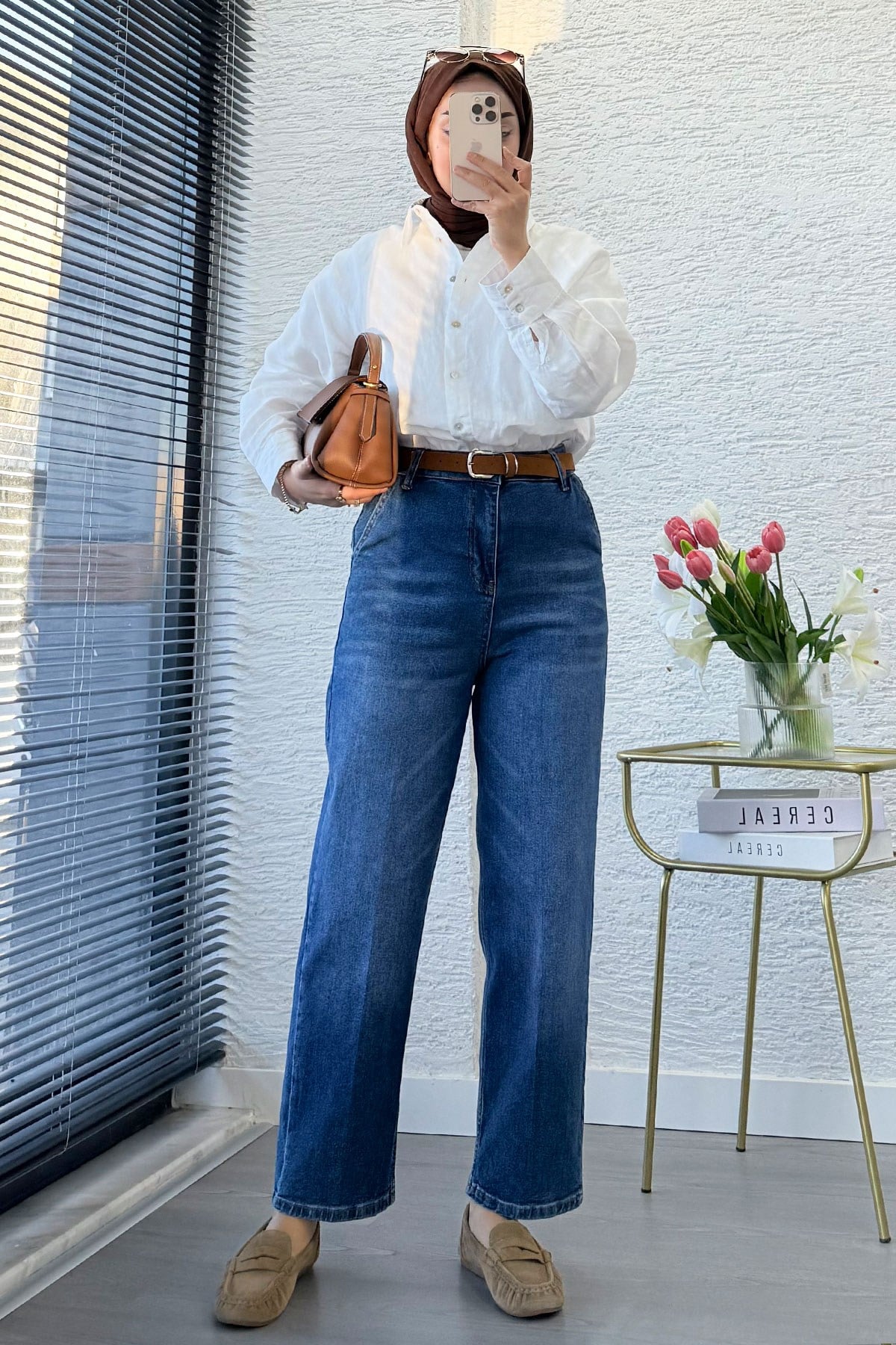 Premium Kemerli Havuç Kesim Mom Jean Pantolon - Mavi