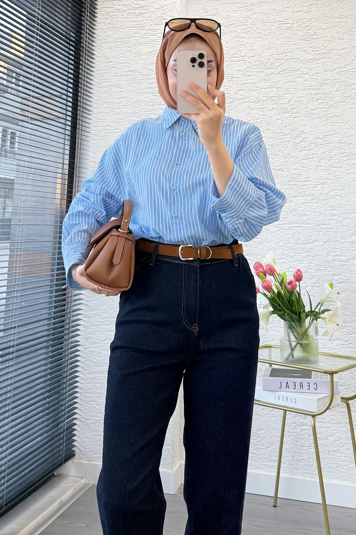 Premium Kemerli Havuç Kesim Mom Jean Pantolon - Koyu Mavi