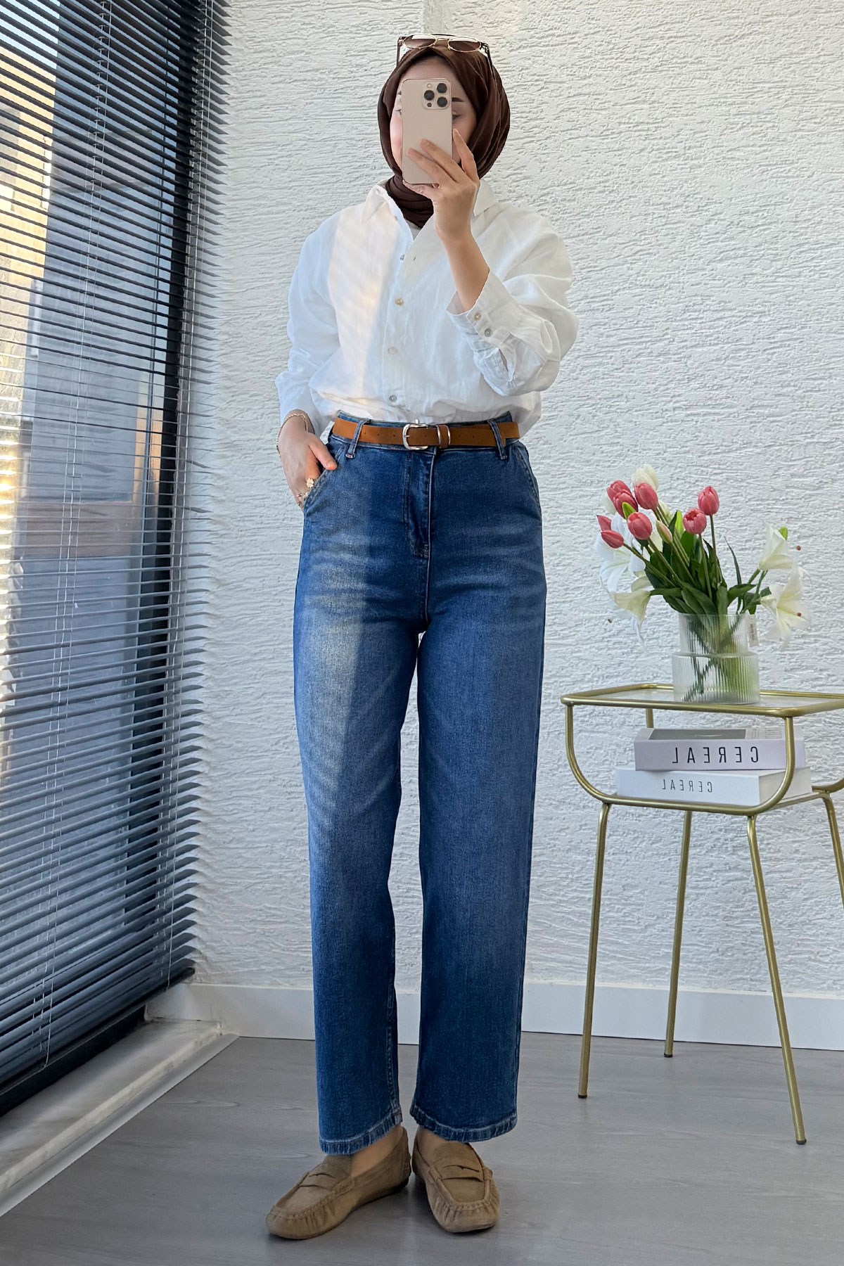Premium Kemerli Havuç Kesim Mom Jean Pantolon - Mavi