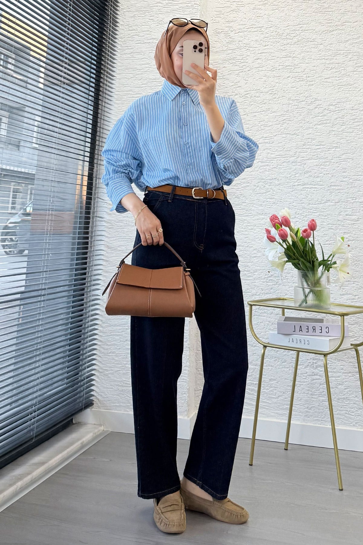 Premium Kemerli Havuç Kesim Mom Jean Pantolon - Koyu Mavi