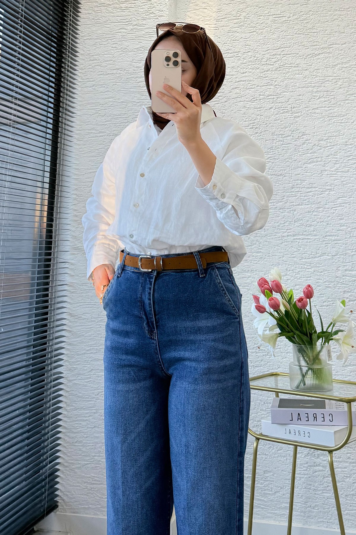 Premium Kemerli Havuç Kesim Mom Jean Pantolon - Mavi