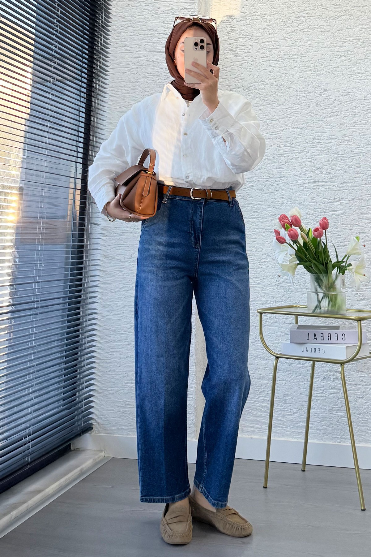 Premium Kemerli Havuç Kesim Mom Jean Pantolon - Mavi