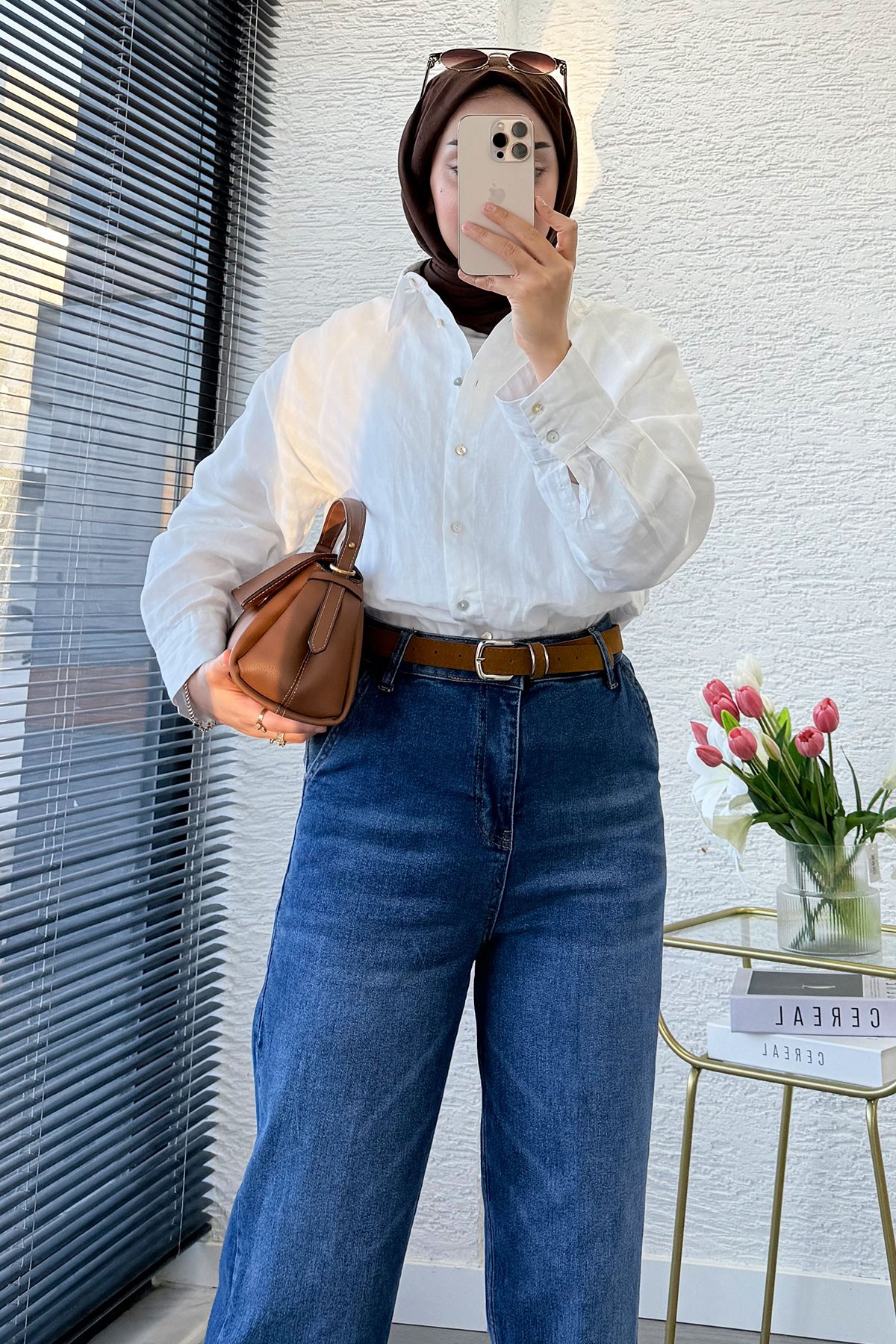 Premium Kemerli Havuç Kesim Mom Jean Pantolon - Mavi