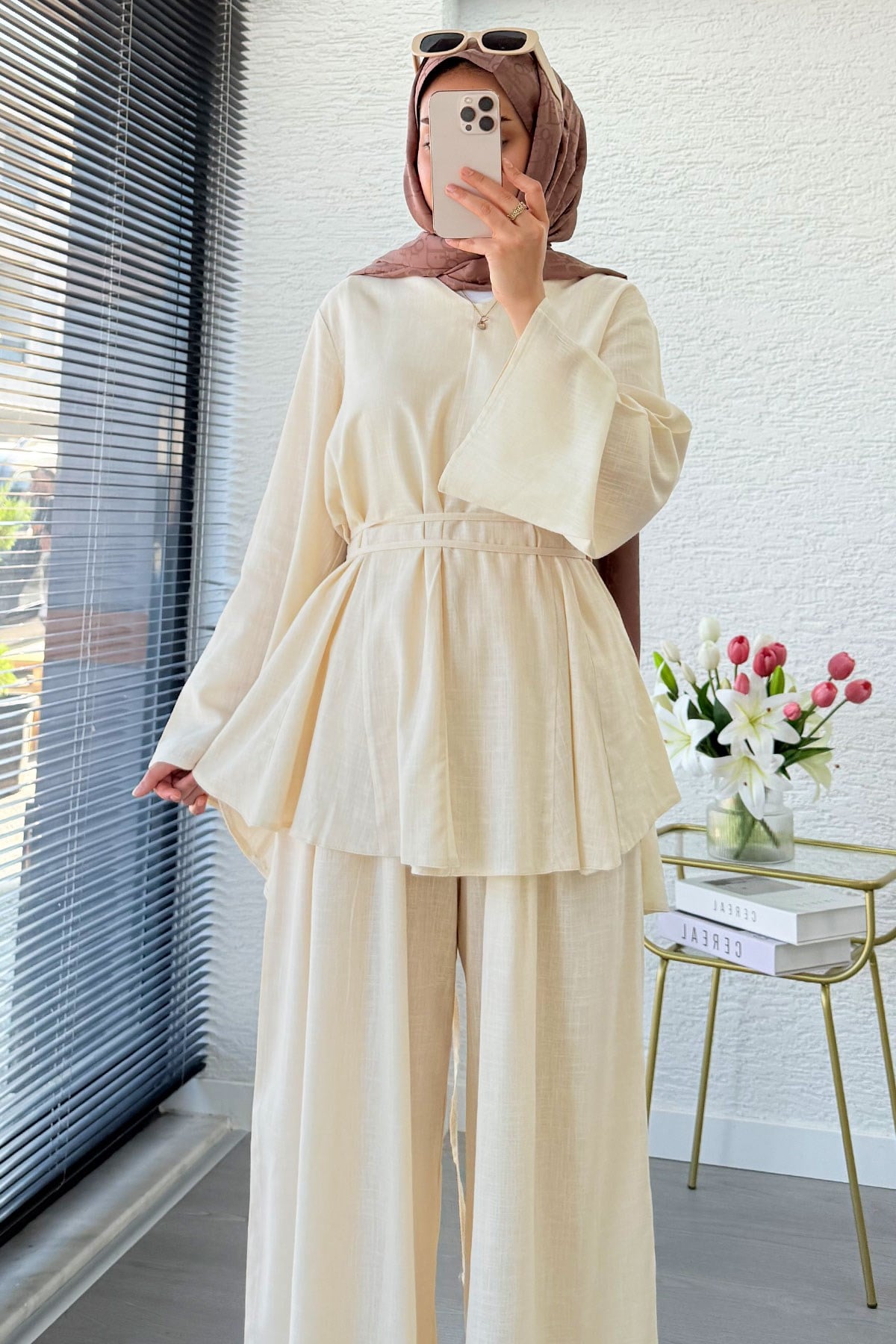 Premıum Keten Velora Pantolon Takım - Krem