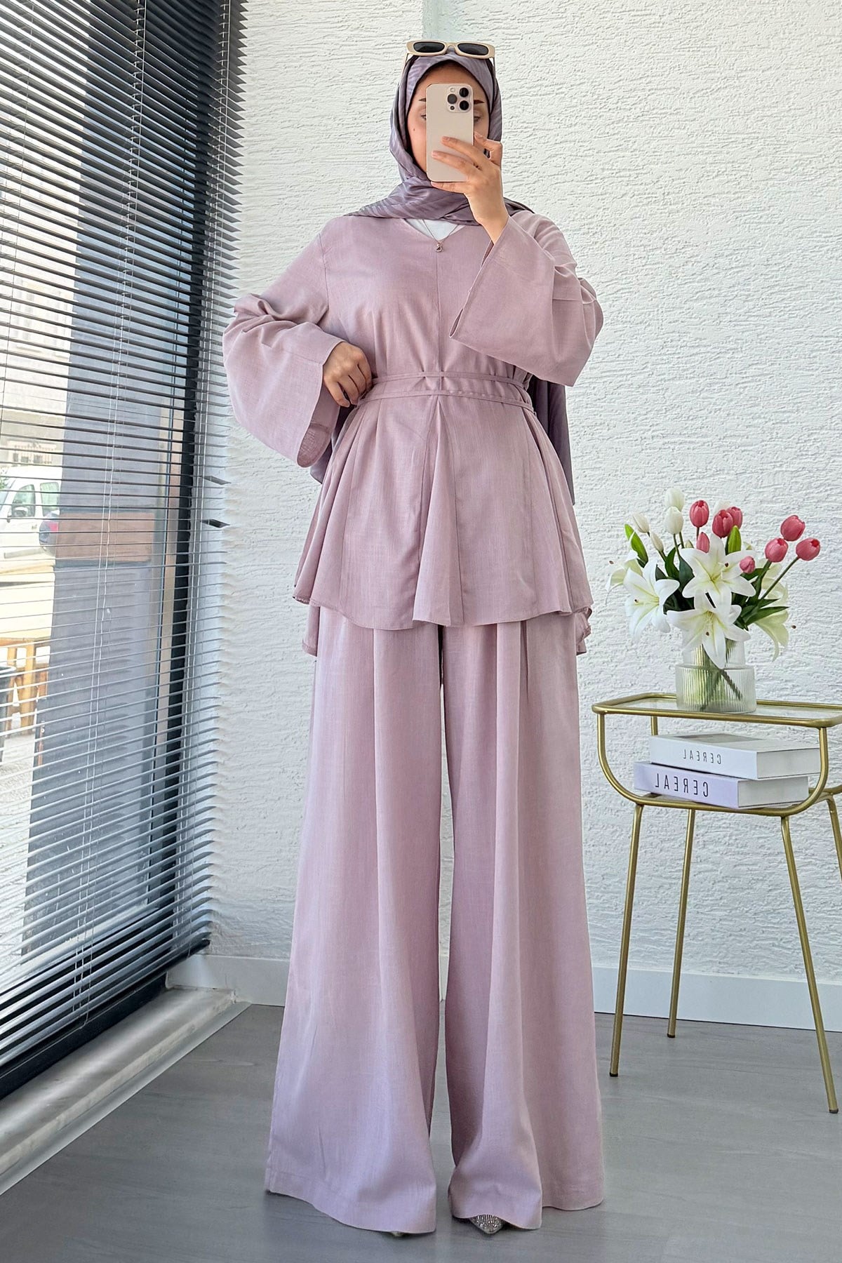 Premıum Keten Velora Pantolon Takım - Lila