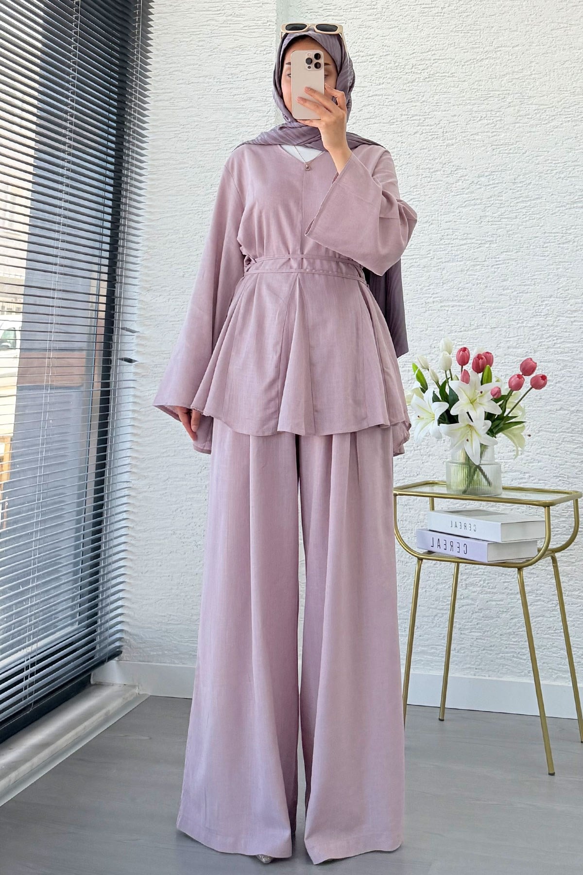 Premıum Keten Velora Pantolon Takım - Lila