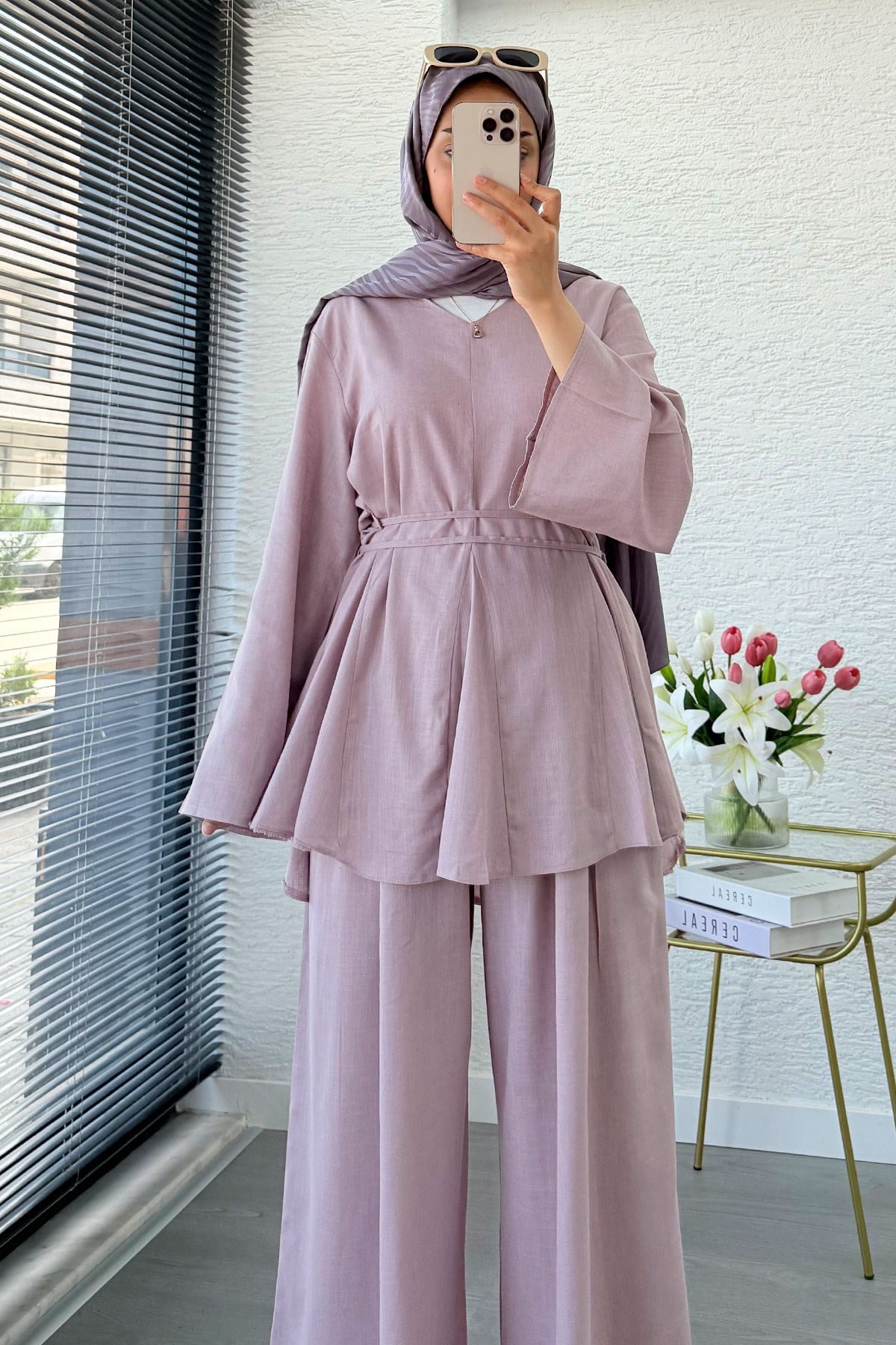 Premıum Keten Velora Pantolon Takım - Lila