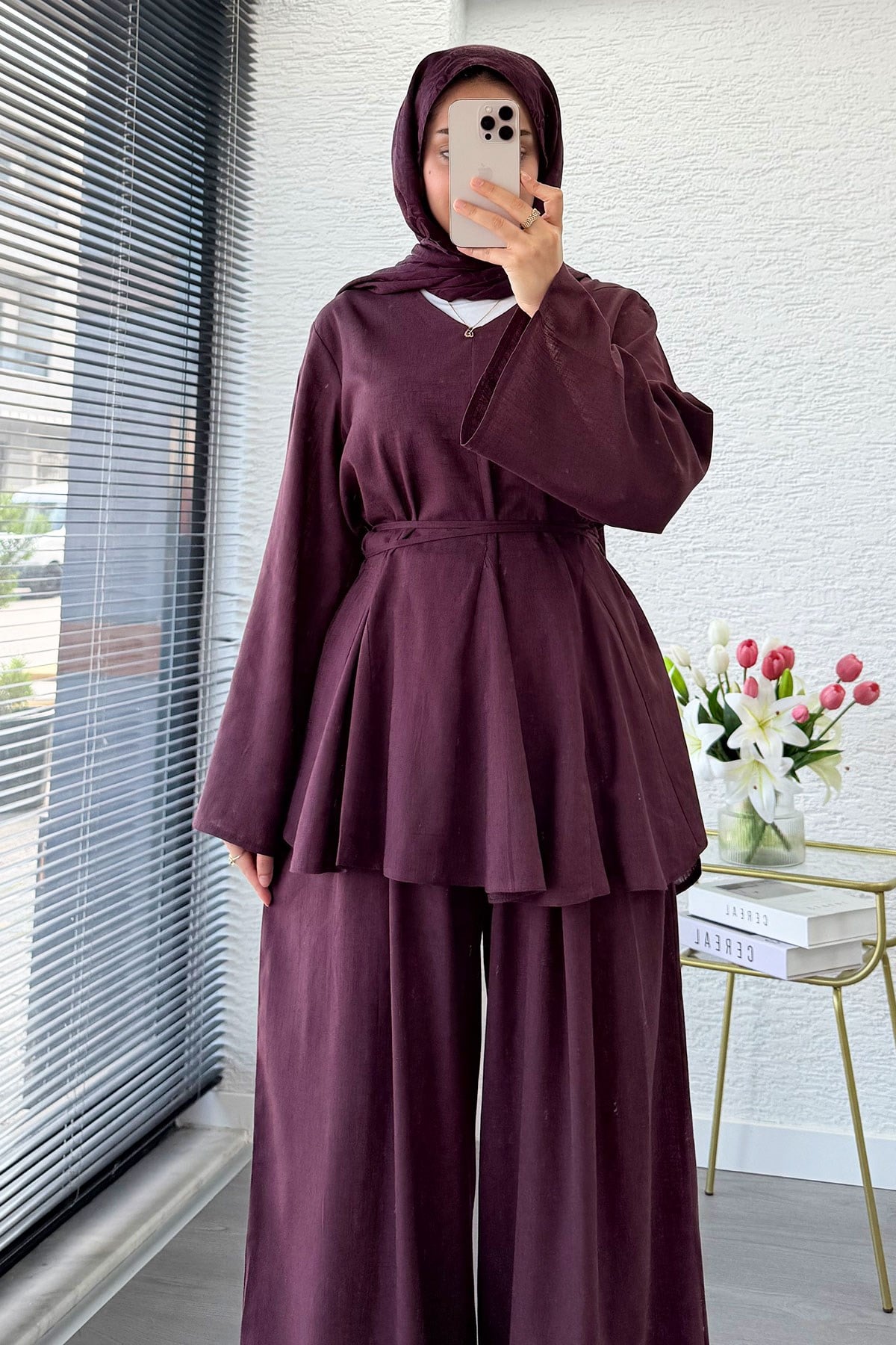 Premıum Keten Velora Pantolon Takım - Mürdüm