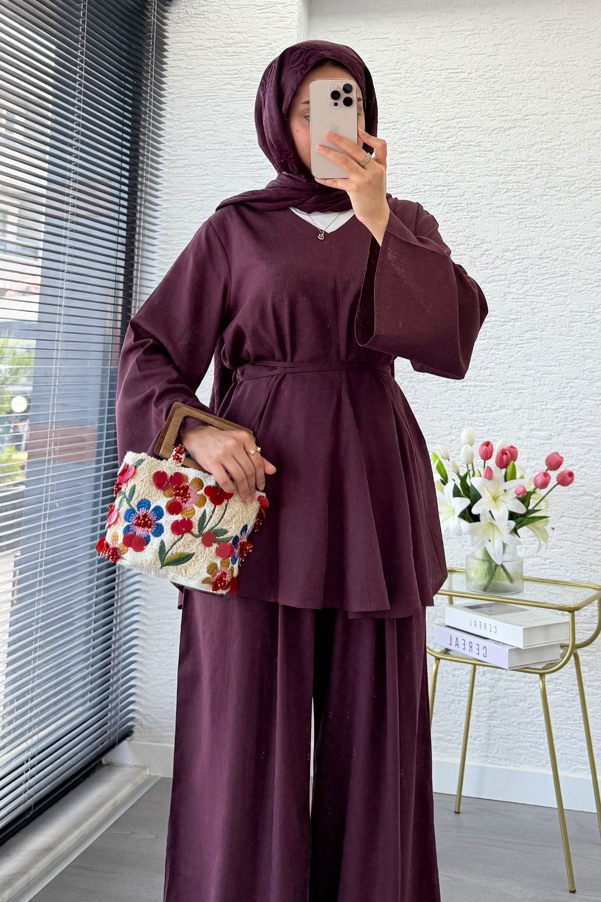 Premıum Keten Velora Pantolon Takım - Mürdüm