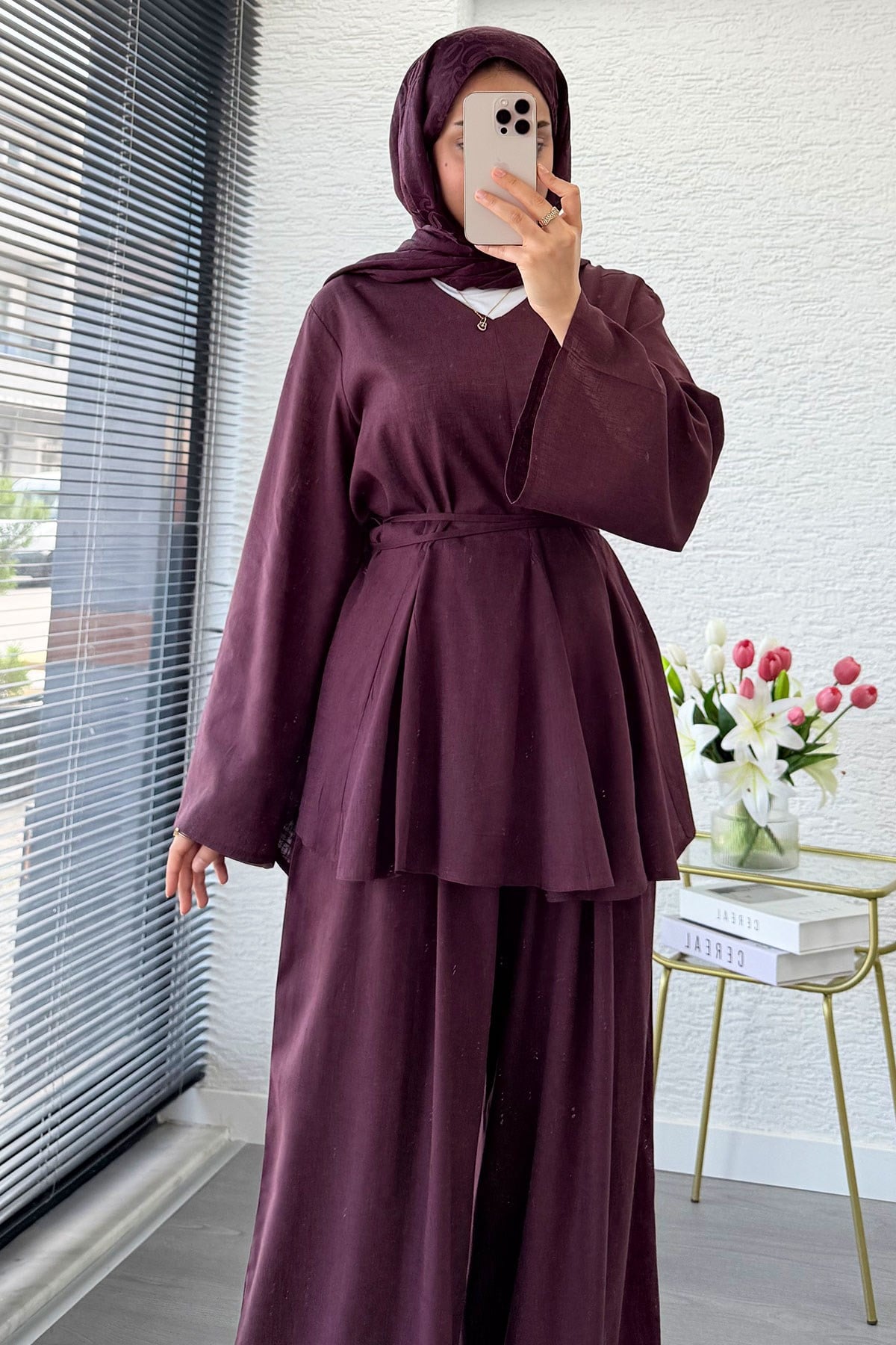 Premıum Keten Velora Pantolon Takım - Mürdüm