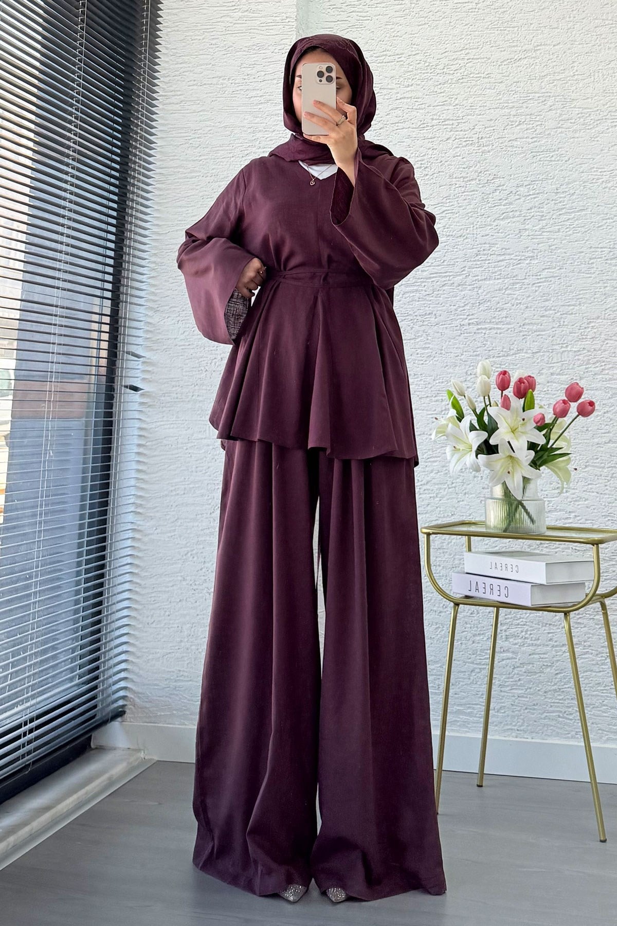 Premıum Keten Velora Pantolon Takım - Mürdüm