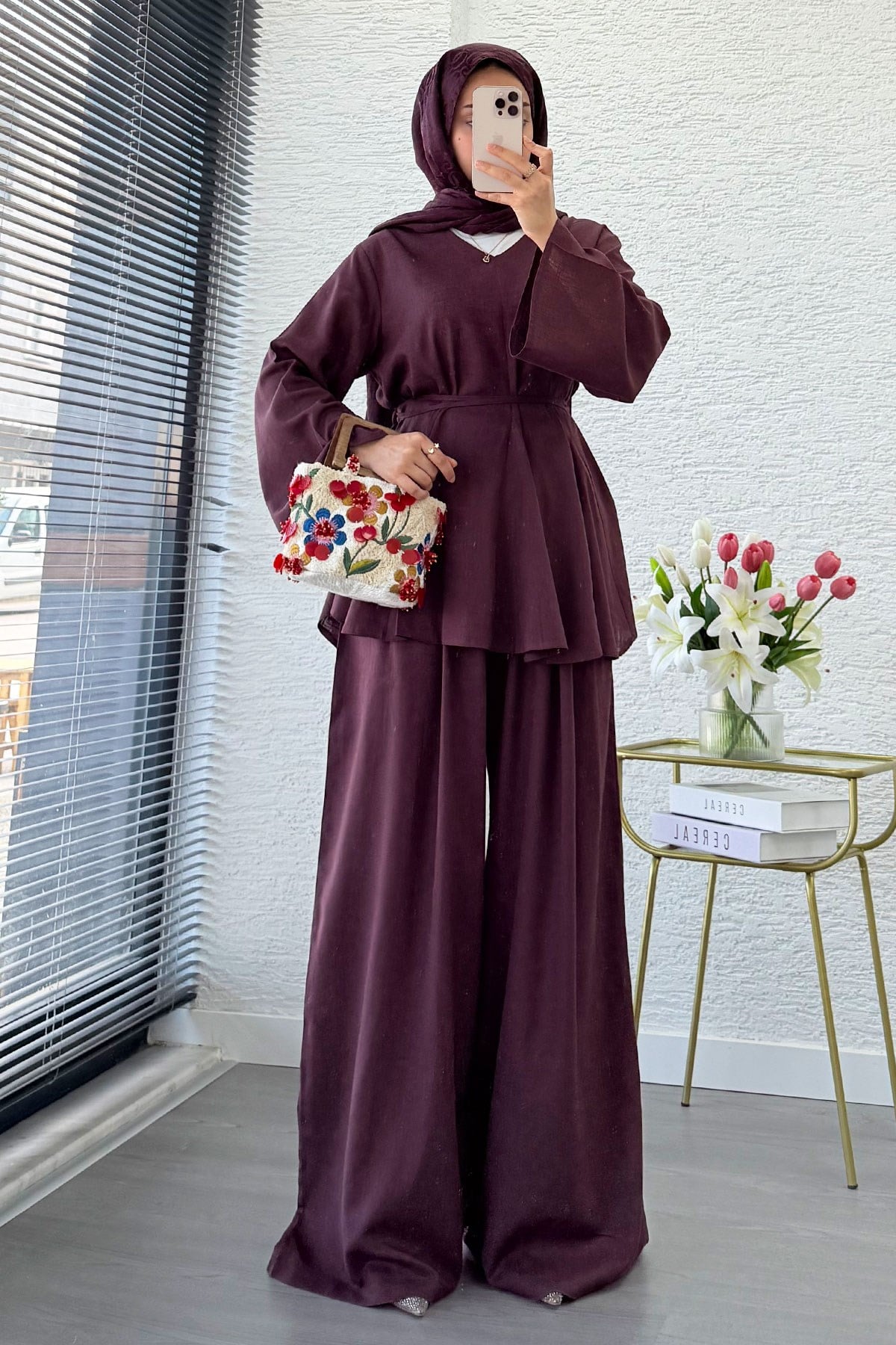 Premıum Keten Velora Pantolon Takım - Mürdüm