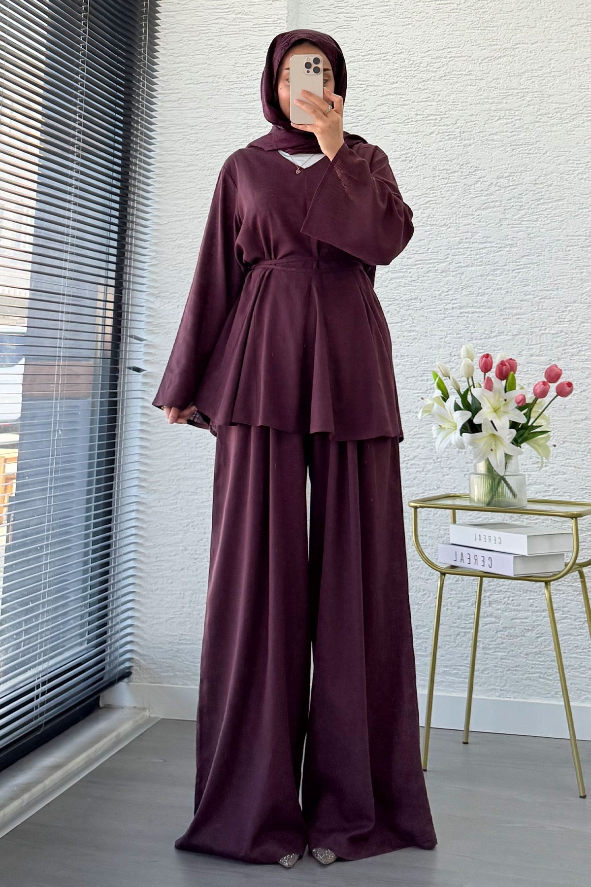 Premıum Keten Velora Pantolon Takım - Mürdüm