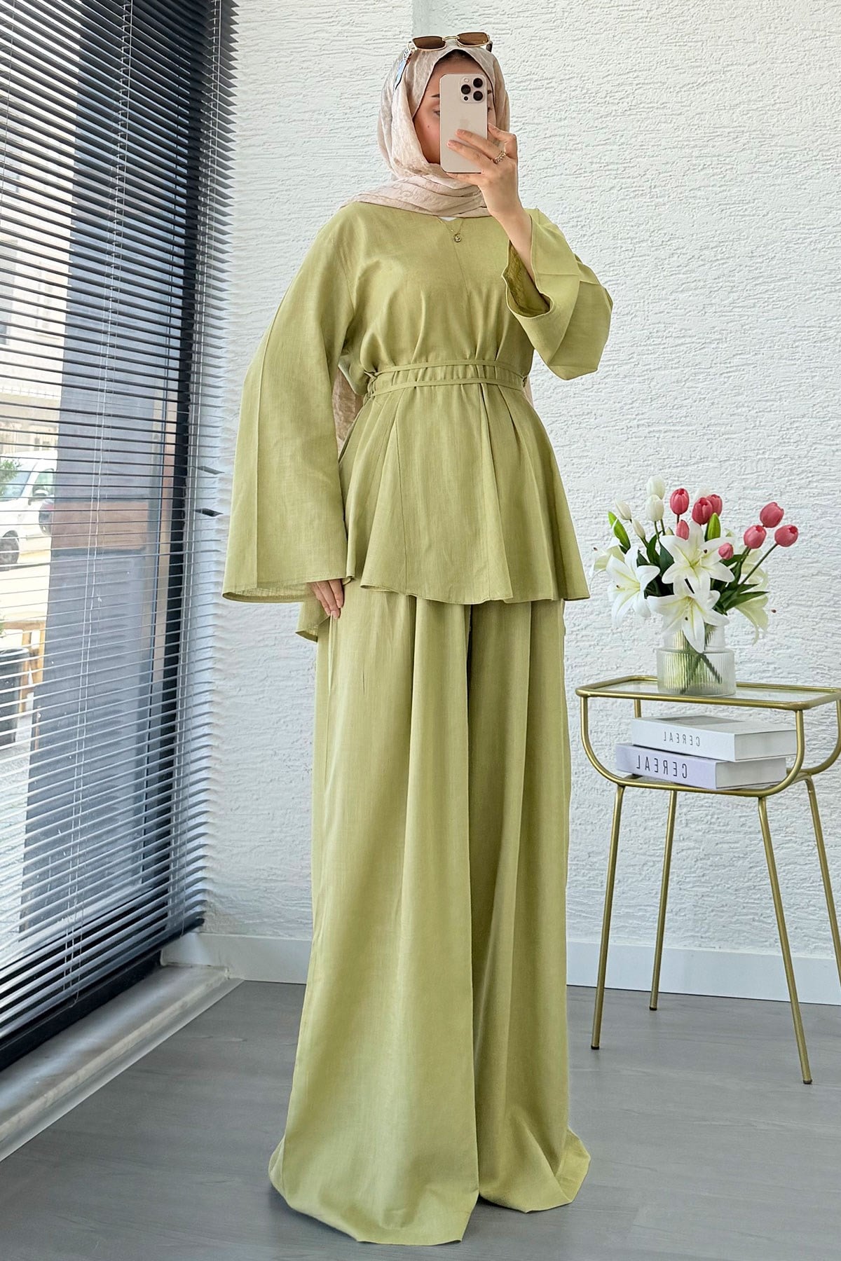 Premıum Keten Velora Pantolon Takım - Yağ Yeşili