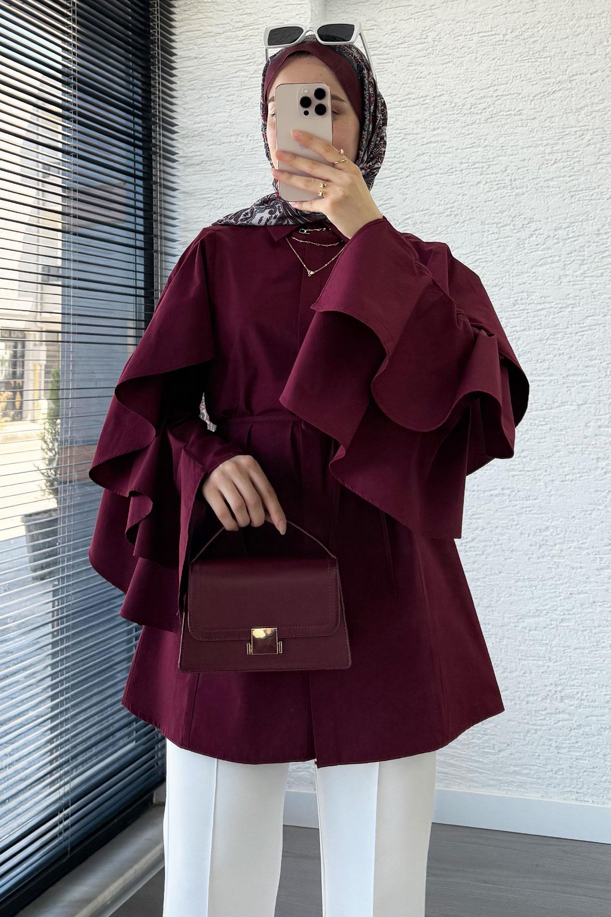 Premium Kol Volanlı Poplin Tunik – Bordo
