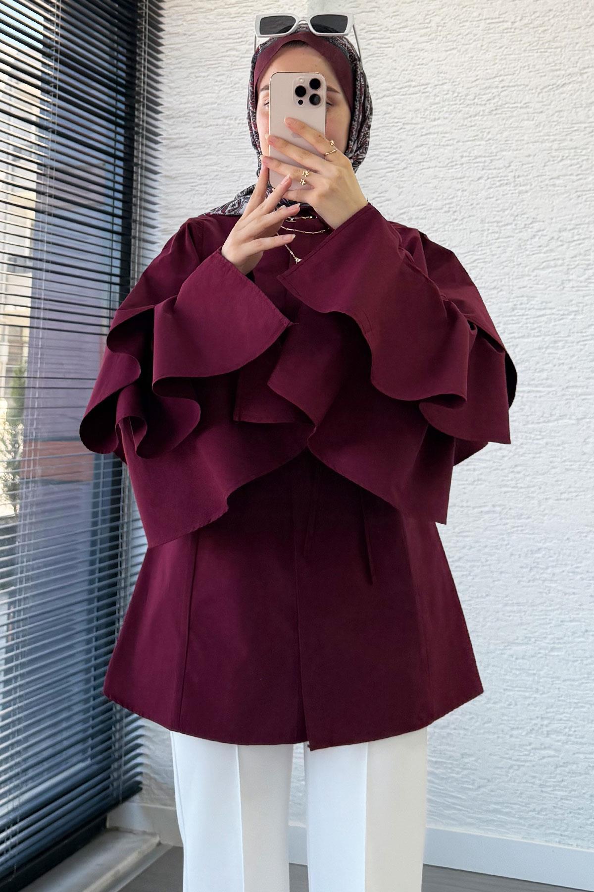 Premium Kol Volanlı Poplin Tunik – Bordo